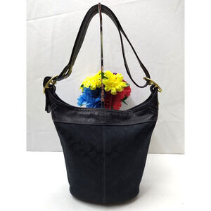 Coach Signature Black Canvas Leather Trim Duffle Crossbody Shoulder Bag